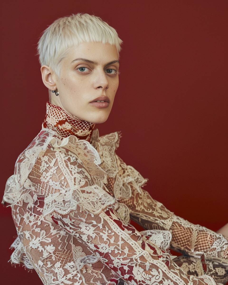 A seated portrait of a model with short, platinum blonde hair, wearing an intricate, lace outfit. The background is a deep red, and the lighting is soft yet high-contrast, highlighting the details of the lace and the model's sharp features. The overall aesthetic is elegant and avant-garde.