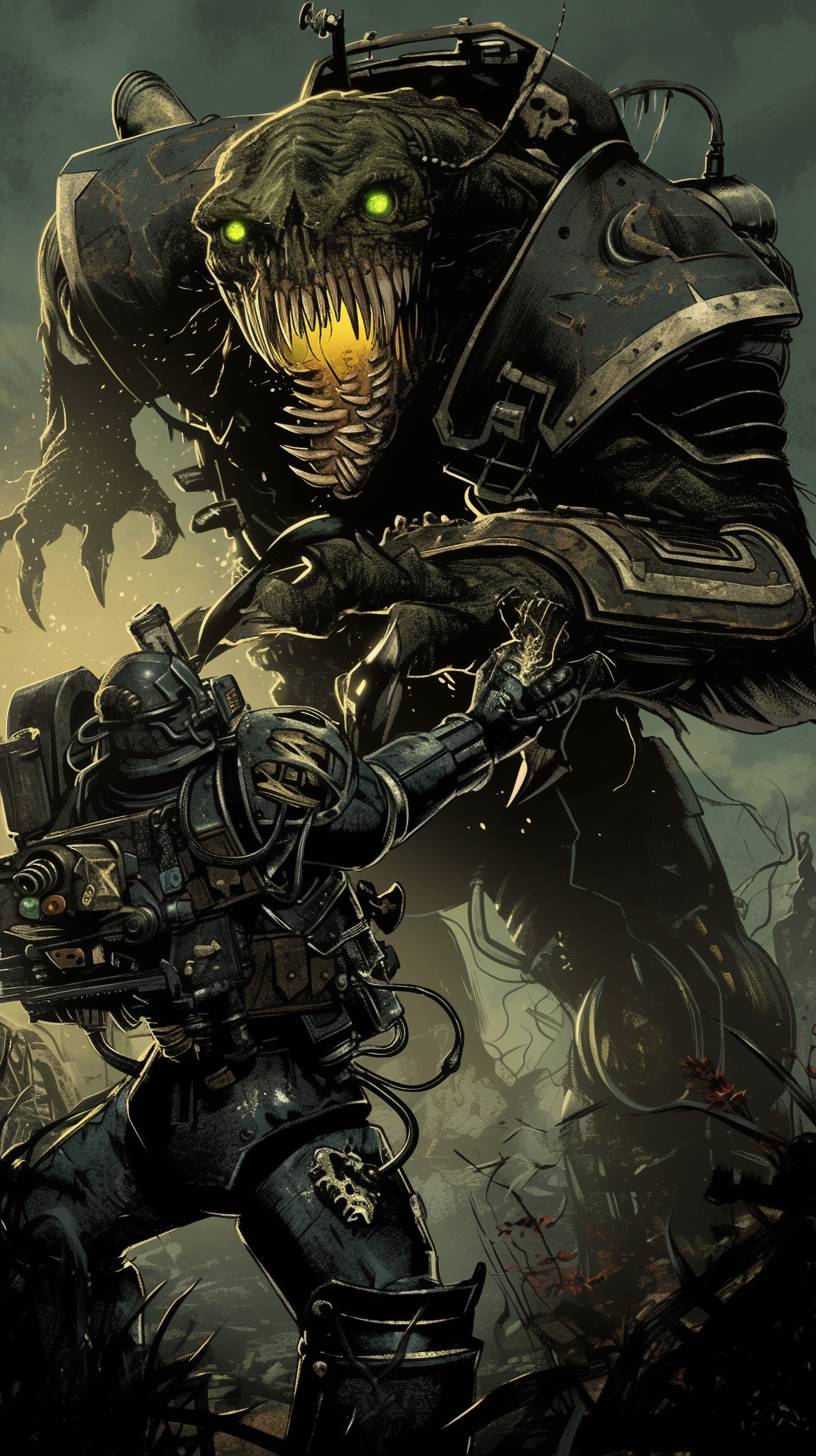 A detailed illustration in Frank Miller's comic book art style depicting Fallout's power armor engaging in fierce combat with a giant monster possessing yellow skin, green eyes, and large fangs. The background is a foggy wasteland. Only blue, green, black, yellow, and red colors are used.