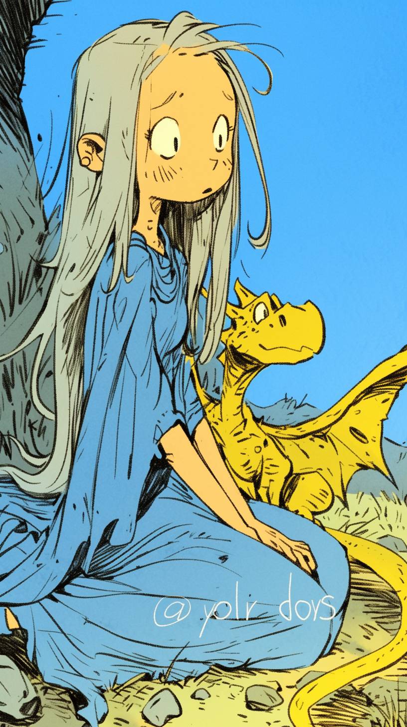 A young woman with long silver hair and a determined expression, seated beside a small dragon with large, expressive eyes. The woman wears a flowing blue dress while the dragon is a vibrant shade of green. The background is minimally detailed, with a few scattered rocks and tufts of grass. The style is simple and minimalistic, reminiscent of Allie Brosh's work, characterized by simple lines, flat colors, and a raw, unpolished feel. The aspect ratio is 9:16, and the overall tone is raw and unrefined, capturing a sense of simplicity and emotion.