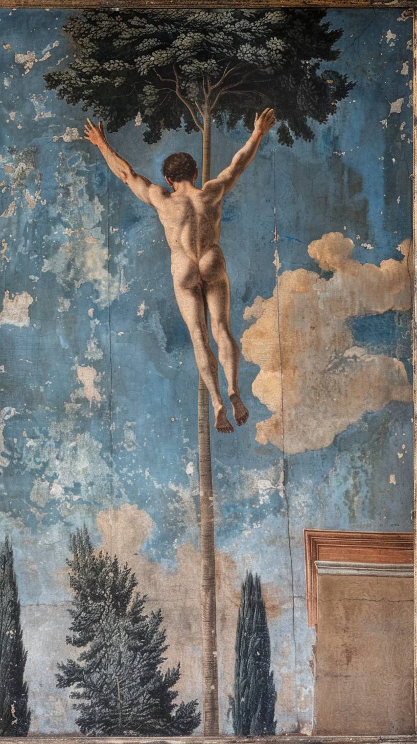 ピエロ・デ・ラ・フランチェスカの絵画では、ピエロ・デ・ラ・フランチェスカが飛行するアストロボーイが描かれています--niji 6 --ar 9:16 --v 6.0