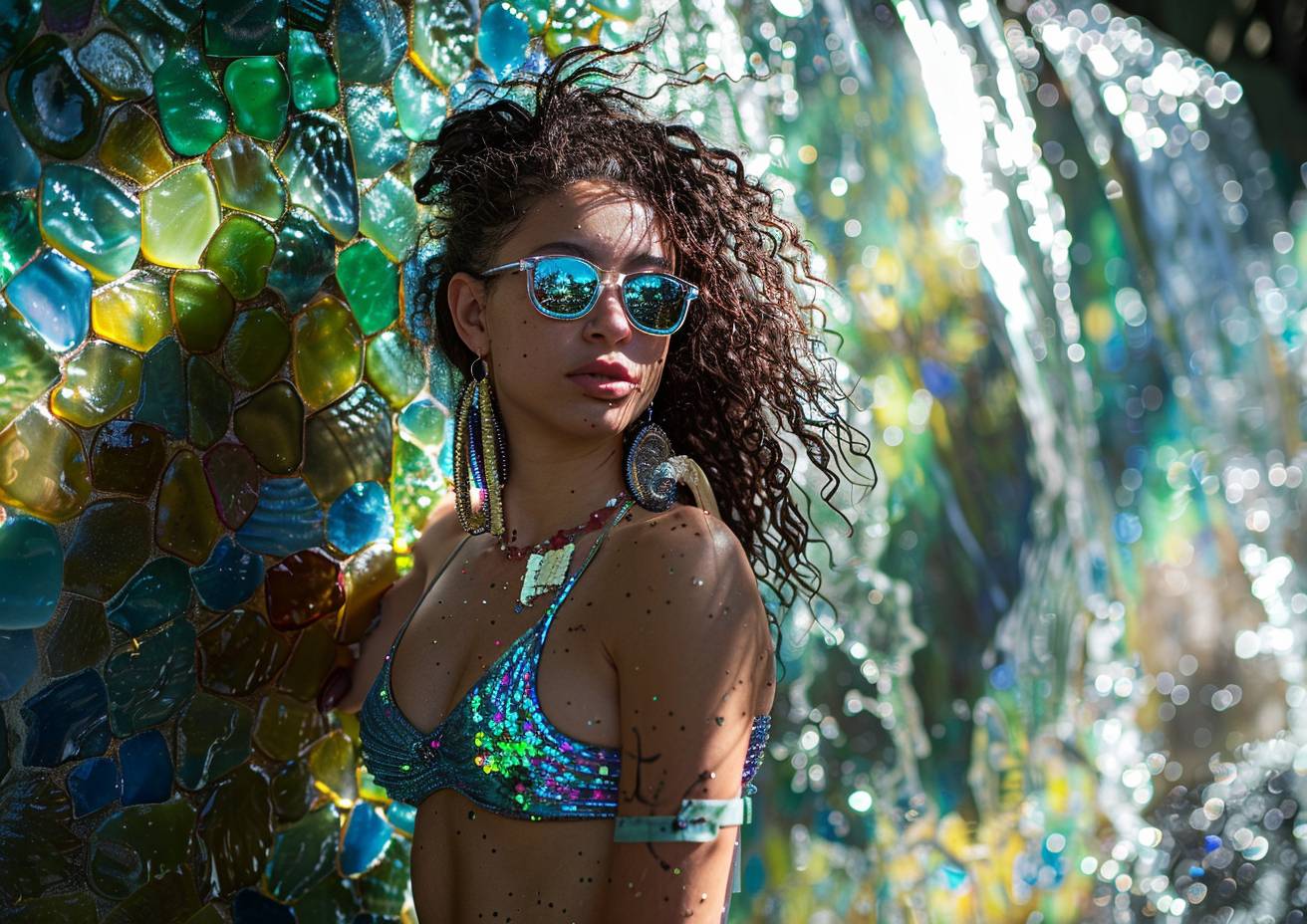 シーグラスモザイク、緻密なディテール、Y2Kヒップホップファッションを身に着けた若い女性が滝の前でポーズを取る、水、日差し