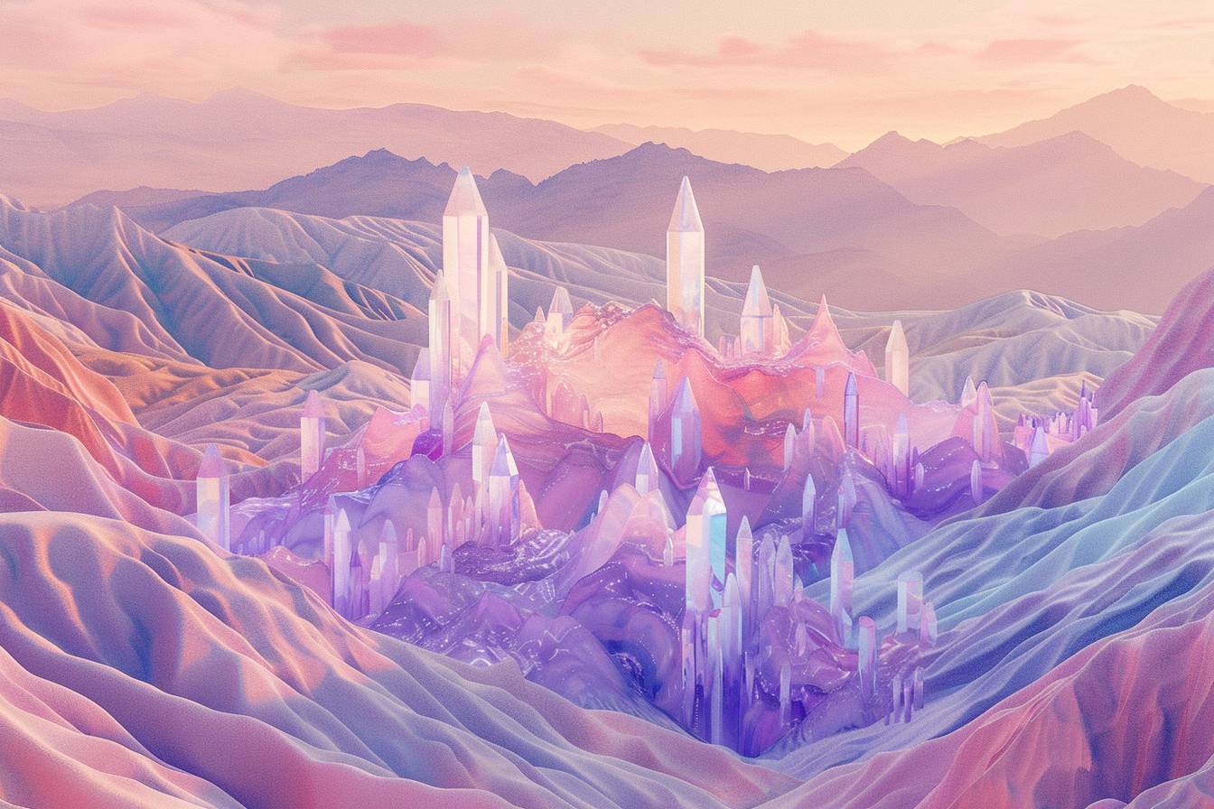 柔らかいピーチからラベンダーへのカラーシフトを特徴とする幻想的で夢のような風景、起伏のある丘とそびえ立つ水晶の尖塔