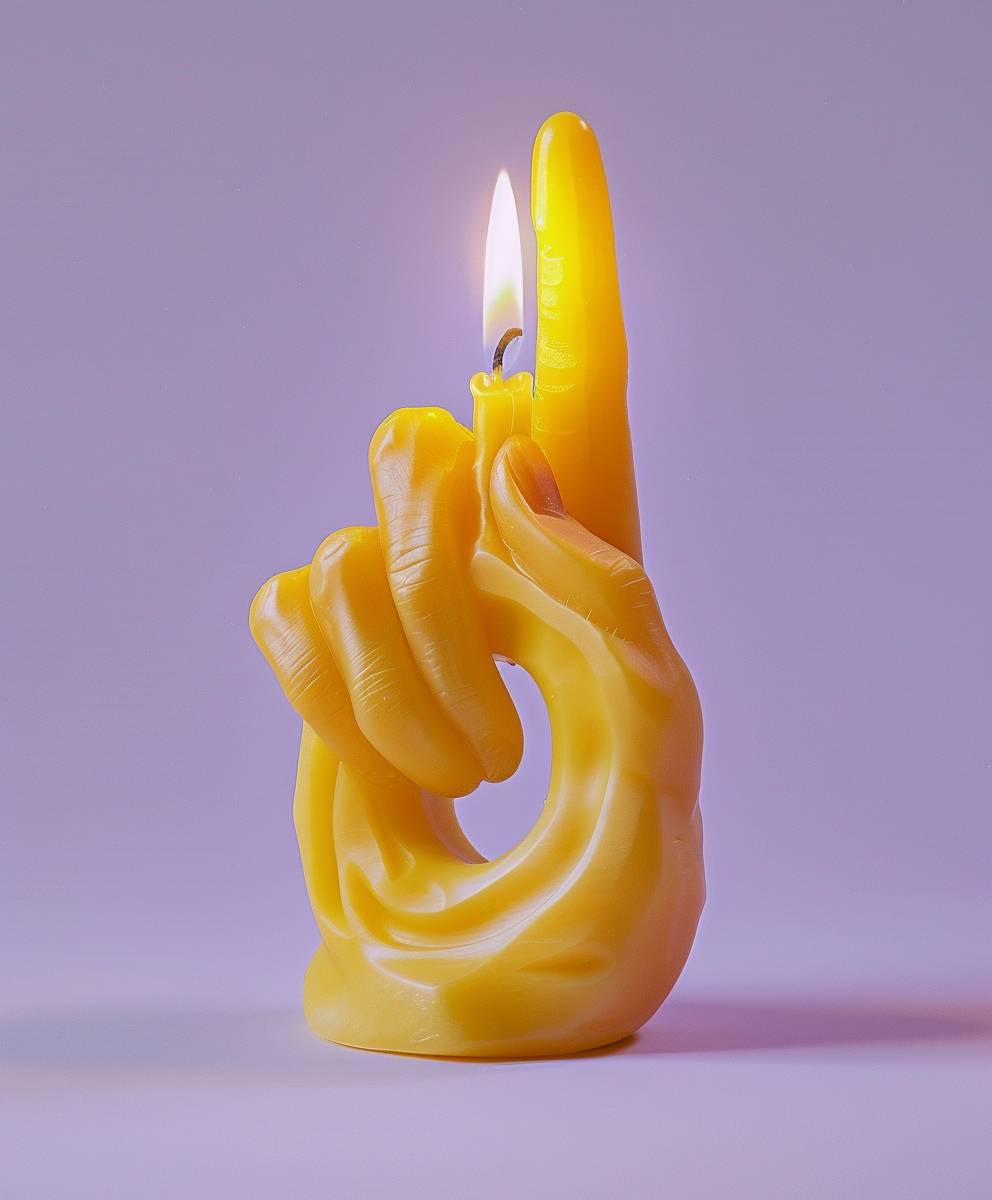 A yellow hand making the ok sign made of wax, a candle carved from wax on light purple background, hyper realistic photography style, product photography, studio lighting, simple candle design