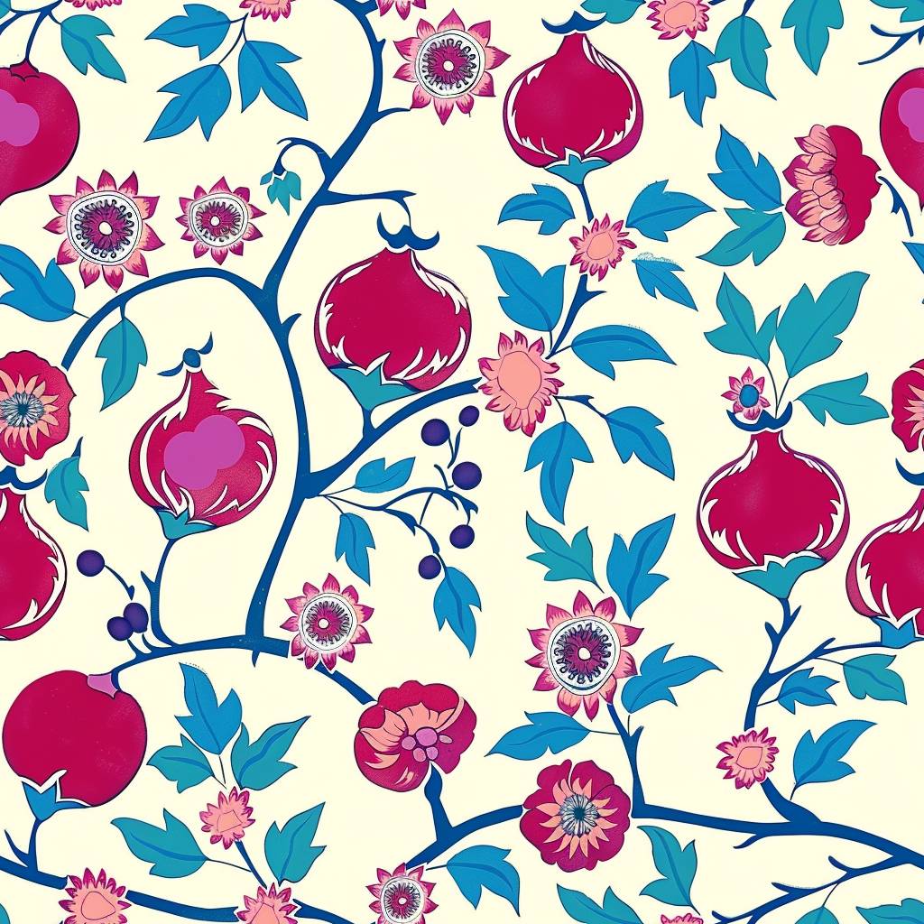 large magenta pomegranates, turquoise branches in the style of Iznik tile