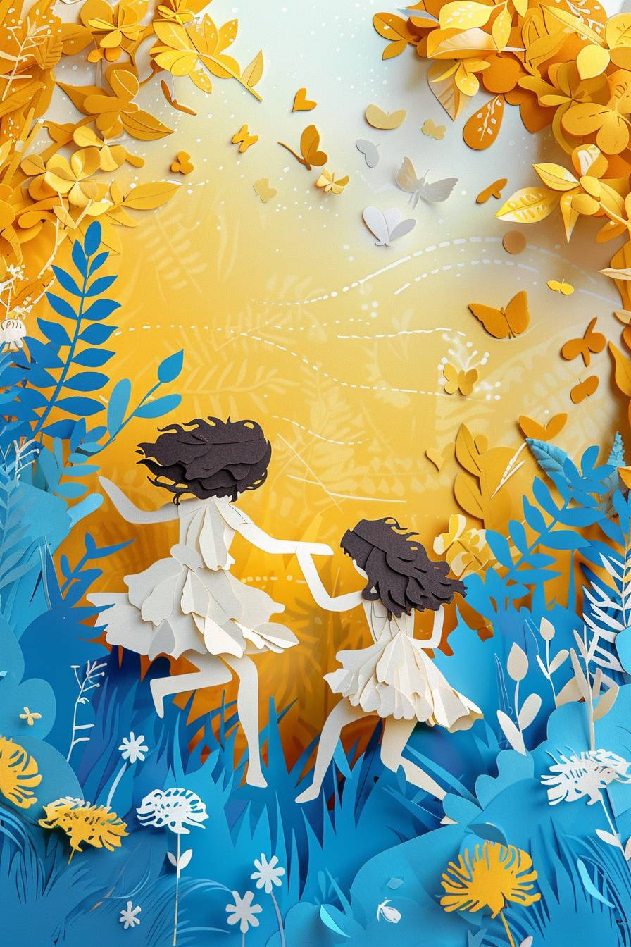 On International Children's Day, two children are playing carefree. Simple illustrations are lively, and the colors are mainly gold and blue. In summer, Paper Cuttings style has clear layers and hollow effect.