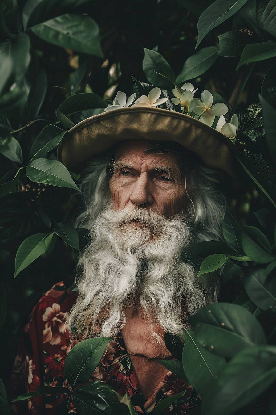 Portrait of wizard of flowers with green leaves in background