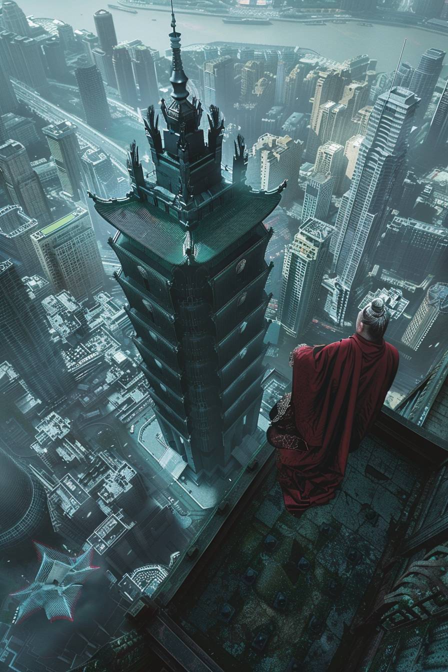 Qin Shihuang stood on the skyscraper, void illusions, time stops, ultra-realistic illustration