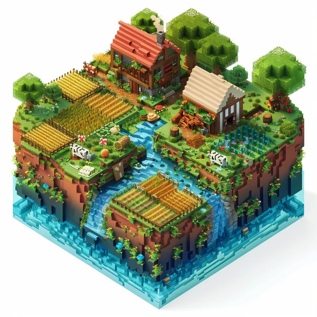 Isometric cube with Minecraft style, white background, 3D rendering, cute farm with a barn in the center, blue water flowing from one side to another, small wheat fields on top of it, a scarecrow at each corner, small animals around the edge, cartoon style, 2d game art, high resolution, high detail, vibrant colors, colorful, cute