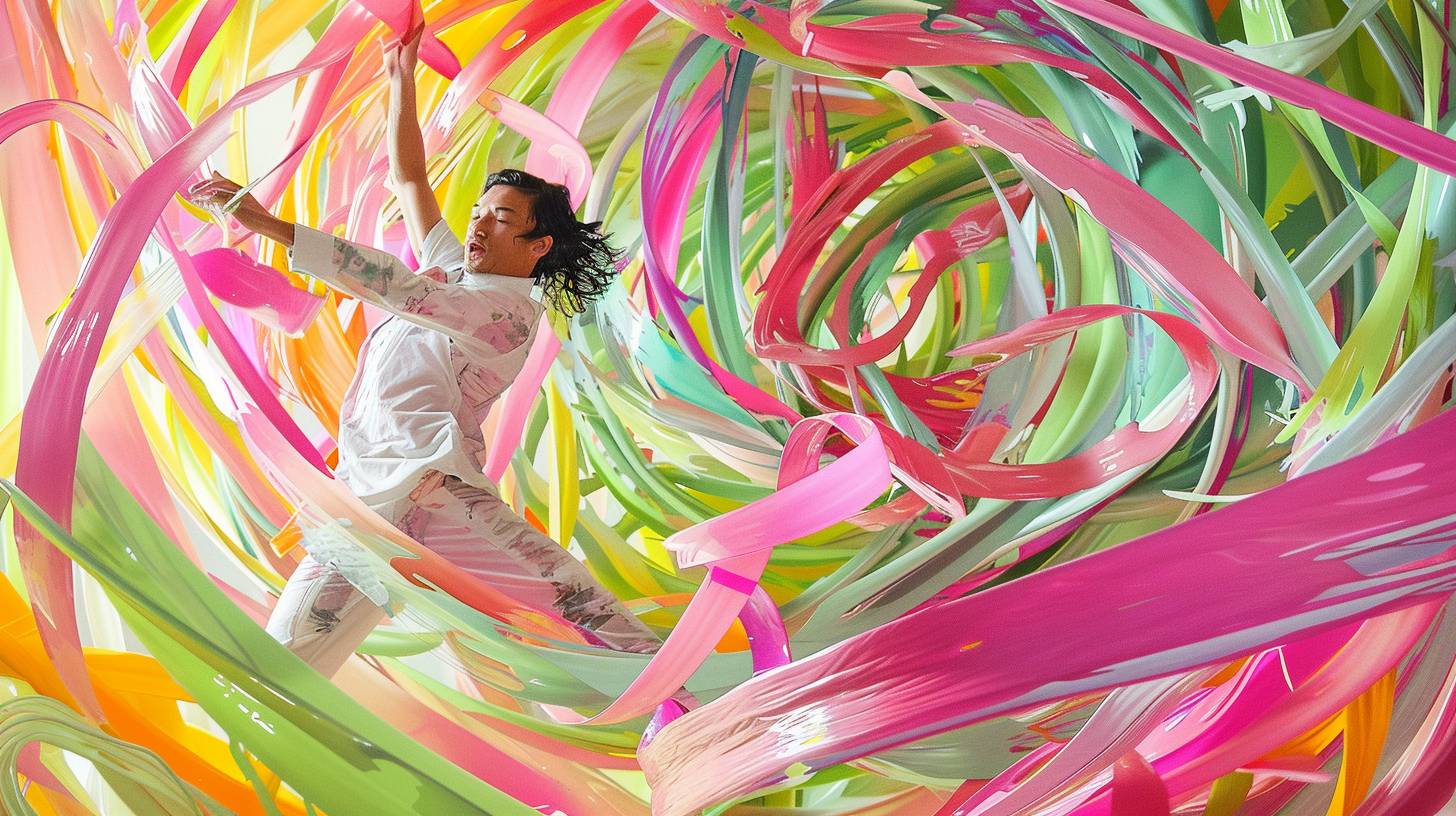 The artist in 'Vibrant Vortex', immersed in a swirling, lively, kaleidoscope of vibrant, colorful ribbons - a playful, whimsically chaotic dance of energetic movement, immersed in a sea of electrifying pink and neon green.