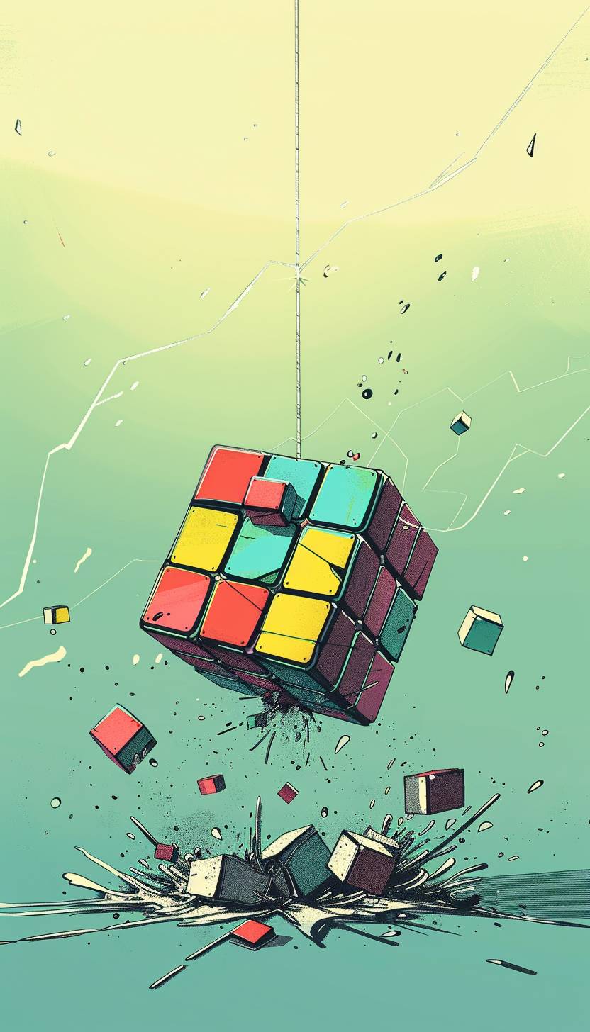 Solved Rubik's cube being dropped to stop a timer, cartoonized