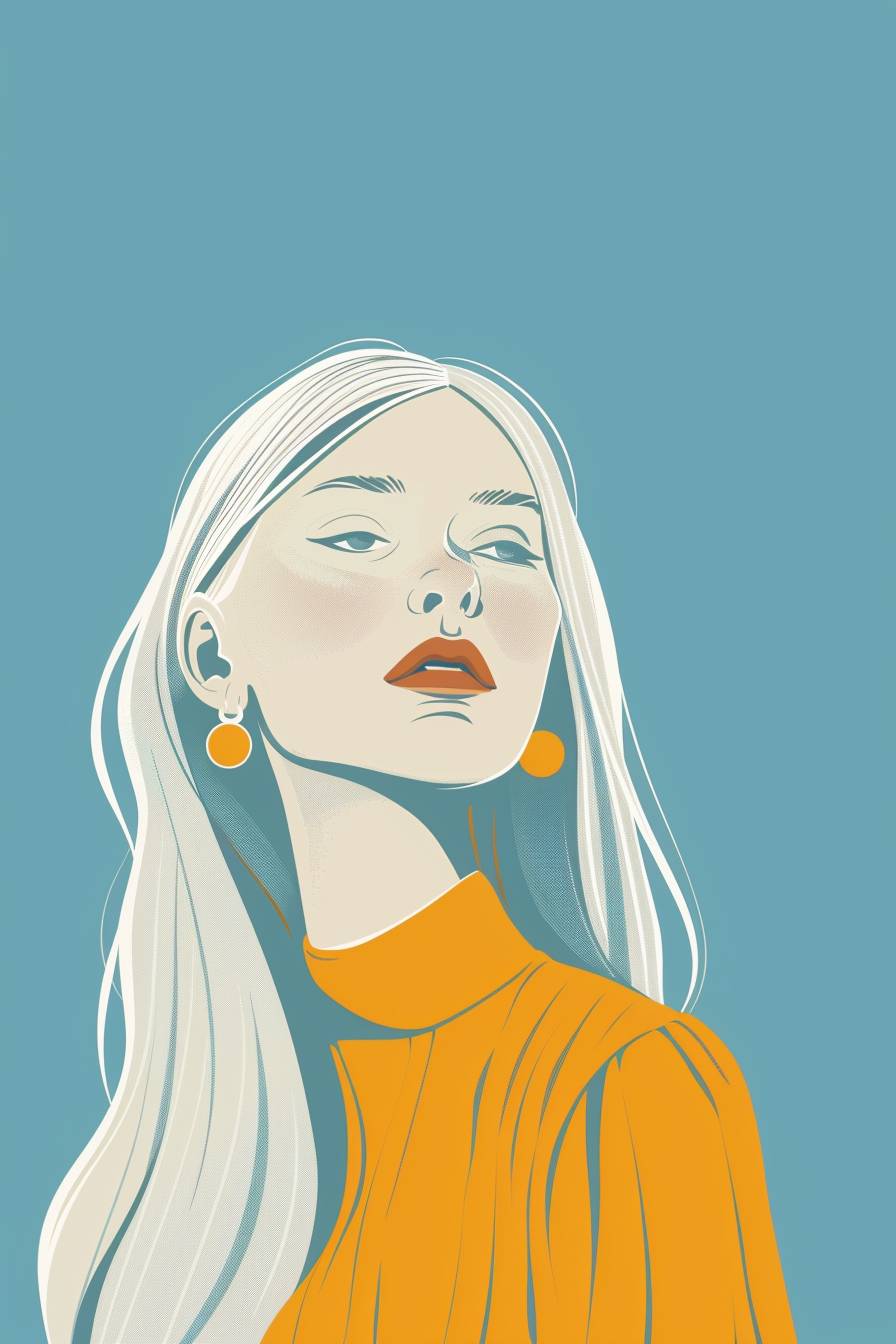 A naive and eccentric girl with long platinum smooth hair and funny earrings in flat illustration style, Abstract Memphis, minimal, pastel blue and golden