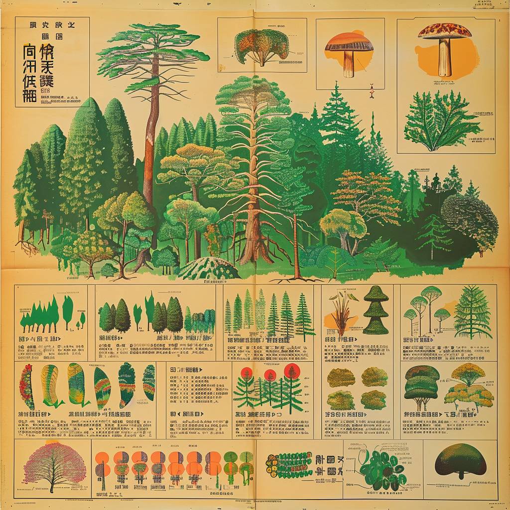 Infographic poster design depicting complex reforestation data in 1970s Japan