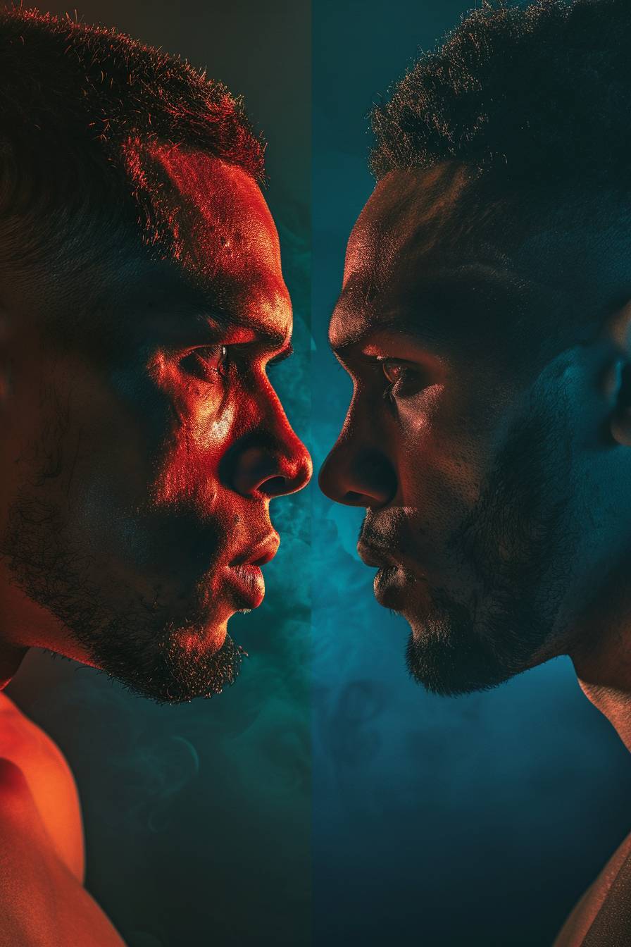 Split view of fighter athletes. Dramatic lighting, subdued colors