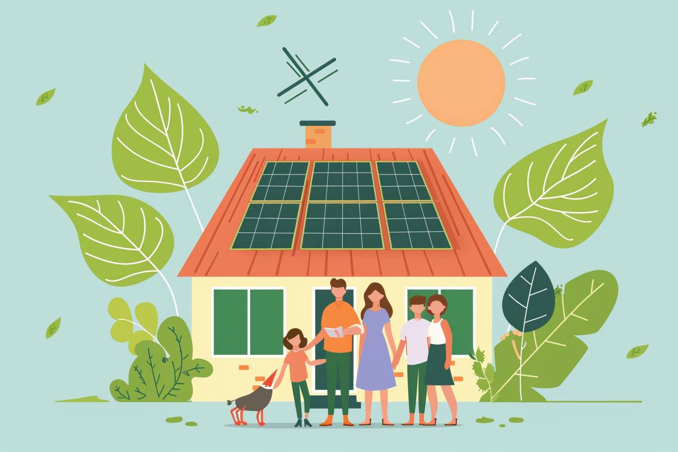 Illustration, simple, flat, minimal, composition, inspirational, motivational, house, ecological, sustainable, solar panels, savings, happy family – no detail realistic –, dominant colour green (reference #3ba88f). The rest: mainly pastel colors, fully filled picture surface --ar 3:2 --v 6.0