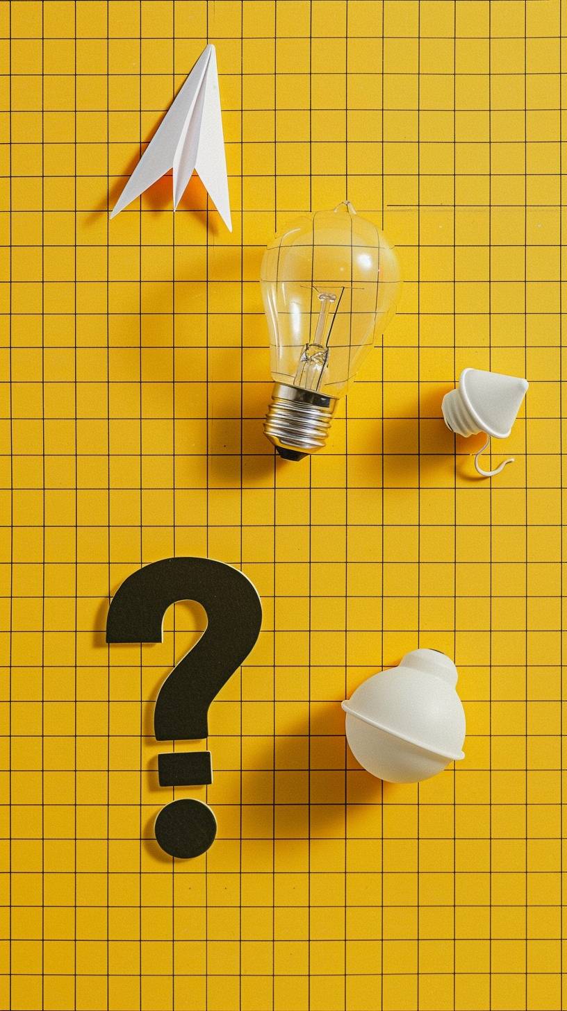 black question mark, white bulb, paper plane on yellow bright grid