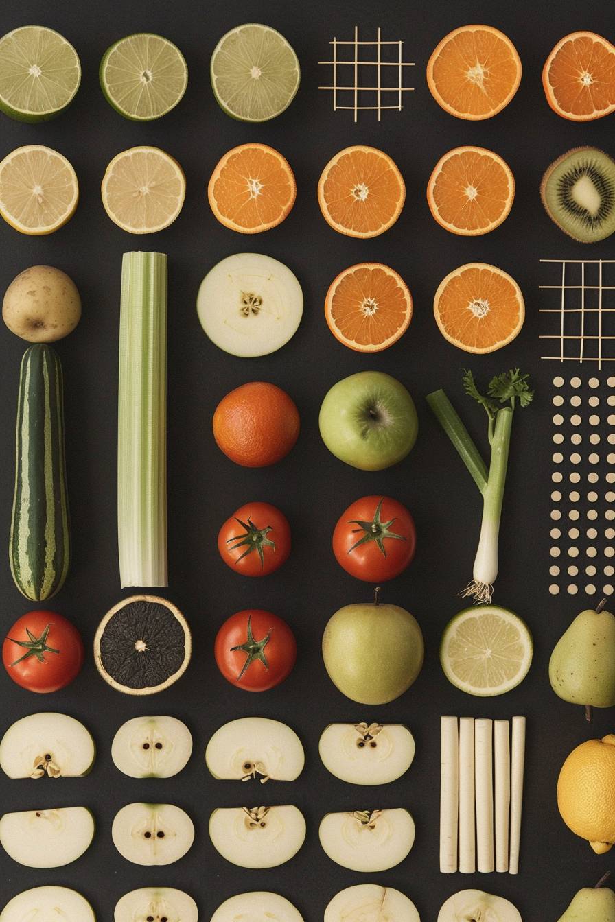 Knolling photography of fruits and vegetables.