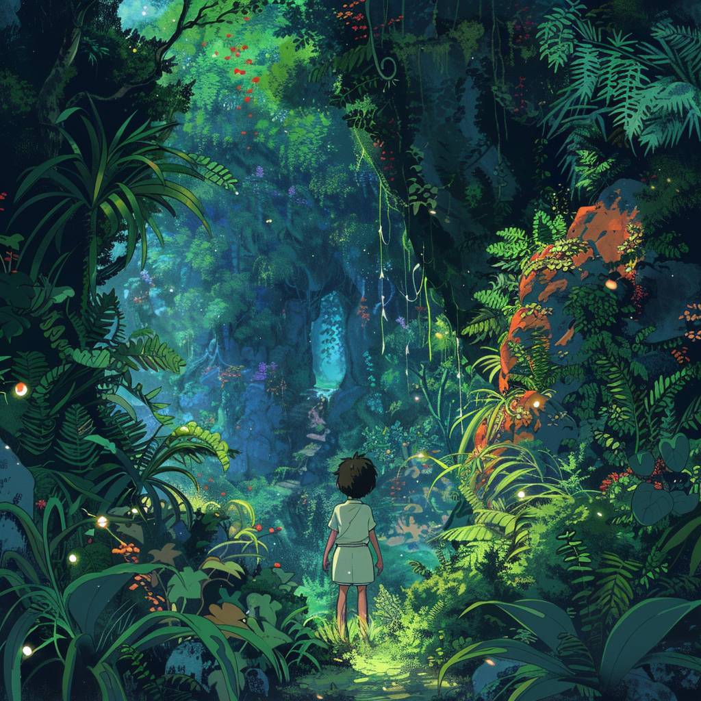 Whimsical protagonist on a magical quest, nostalgic Ghibli-inspired look, in a jungle, enchanted object in hand, in a scene from a forgotten Ghibli tale, moody retro atmosphere, 80s-90s anime style, hand-drawn 2D animation capturing the heart and soul of vintage Ghibli.
