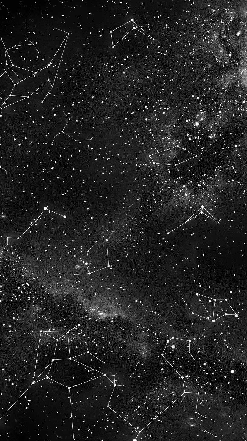 In the night sky, each star is composed of financial data, and the constellation patterns are various stock market indices, distant view, poetic, black and gray tones, retro style, fill color in black and white, black and gray background, non-realistic, slightly blurry, sharpened --ar 9:16 --stylize 250 --v 6.0