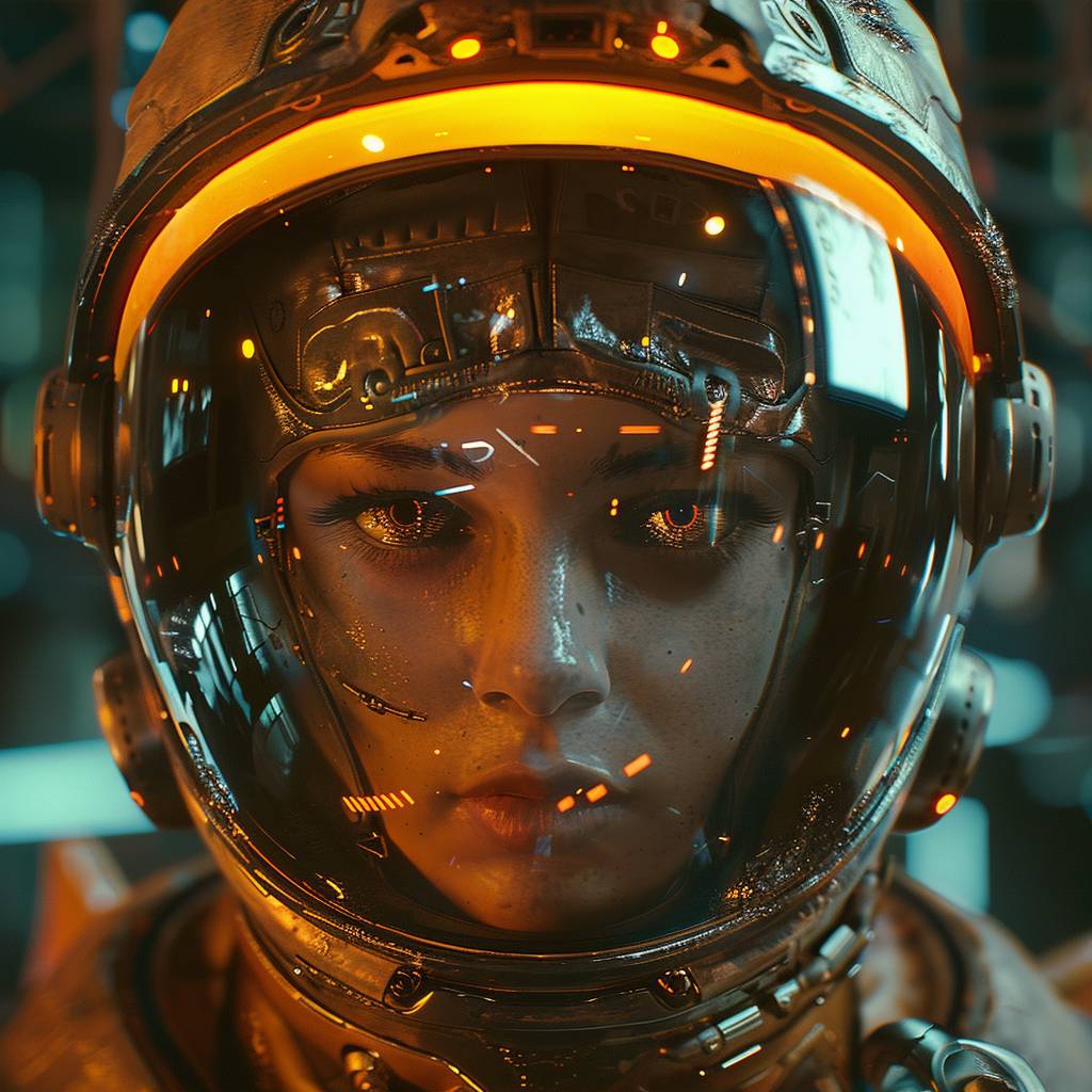 The player is wearing an astronaut helmet in the style of cyberpunk dystopia, 32k UHD, womancore, bronze and amber, dreamlike settings, gorecore, Ivan Albright-AR 107:53 -v 6.0