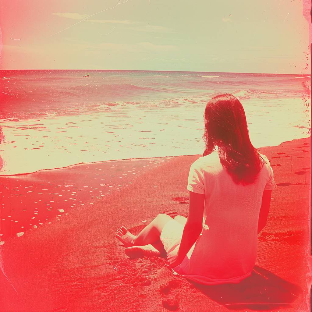 レン・ハンビによるデュオトーン写真で、赤いビーチで若い女の子が写っています。