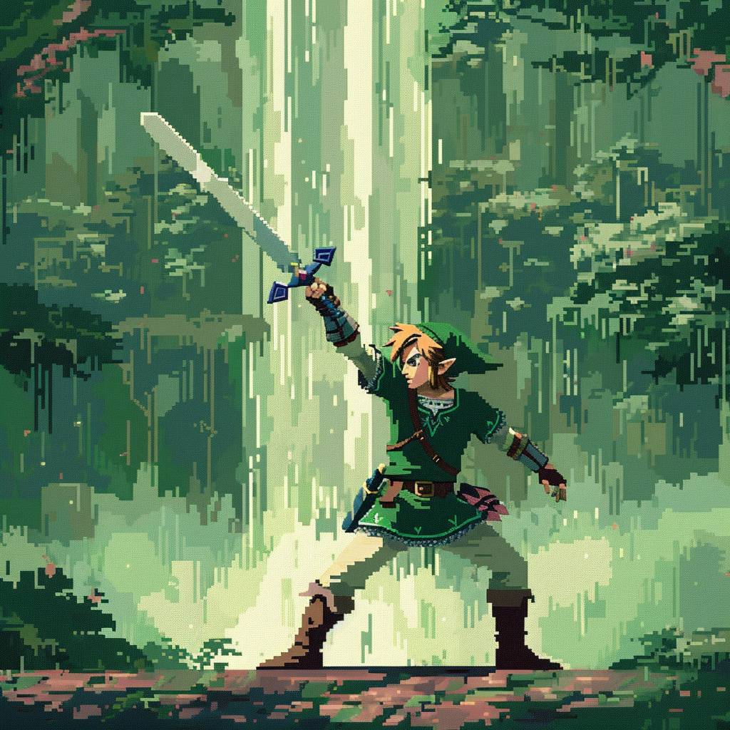 Link from The Legend of Zelda is depicted in pixel art style. He is shown doing martial arts with his sword raised above him in a ready to attack stance. The background is an enchanted forest with waterfalls. It has a green color palette, 8-bit video game graphics and a retro gaming aesthetic.