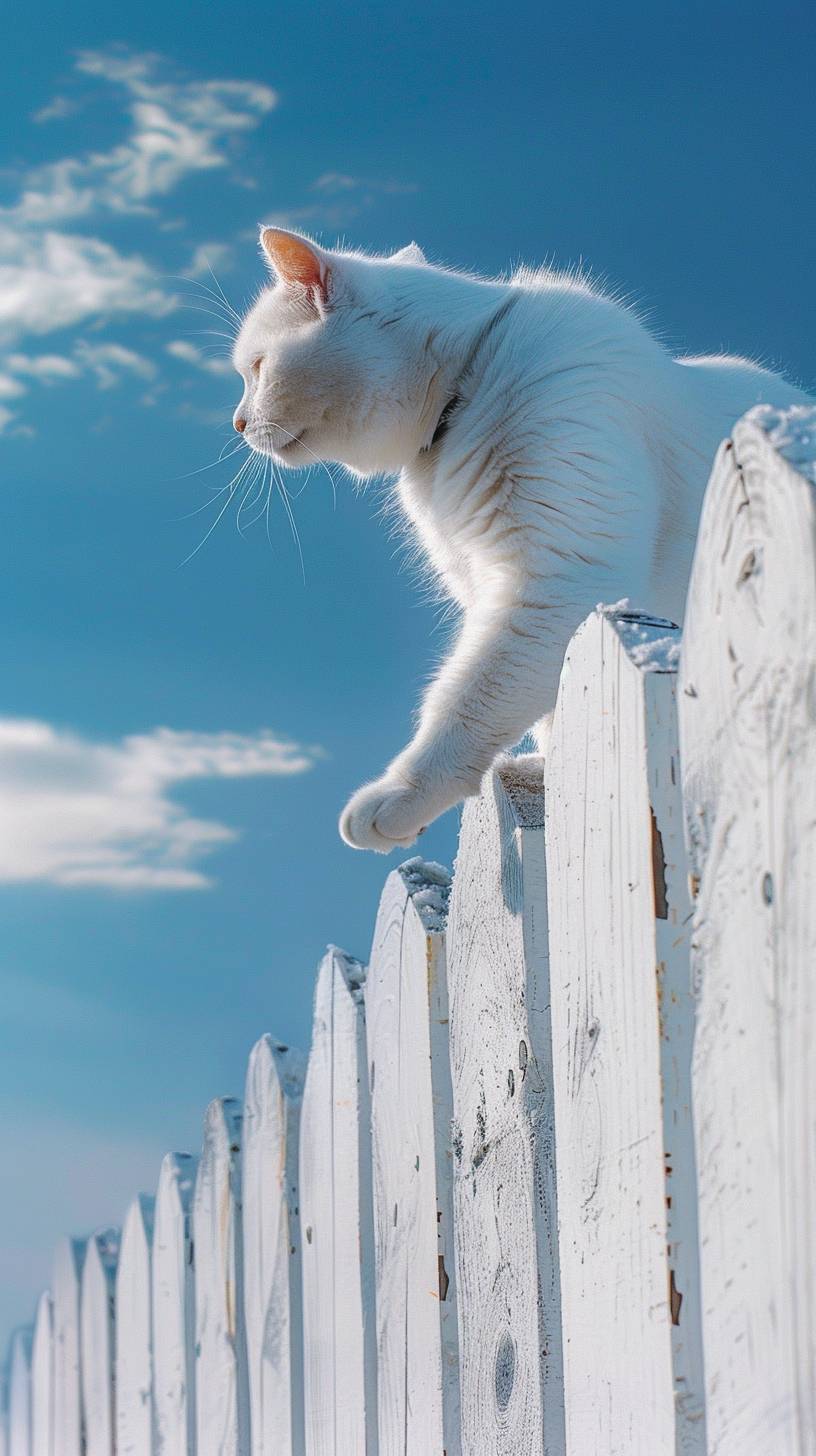 Cat, full body, realistic, walking on the fence, blue sky, Japanese style fantasy, pale watercolor, bright image, Yoshitaka Amano, minimalist