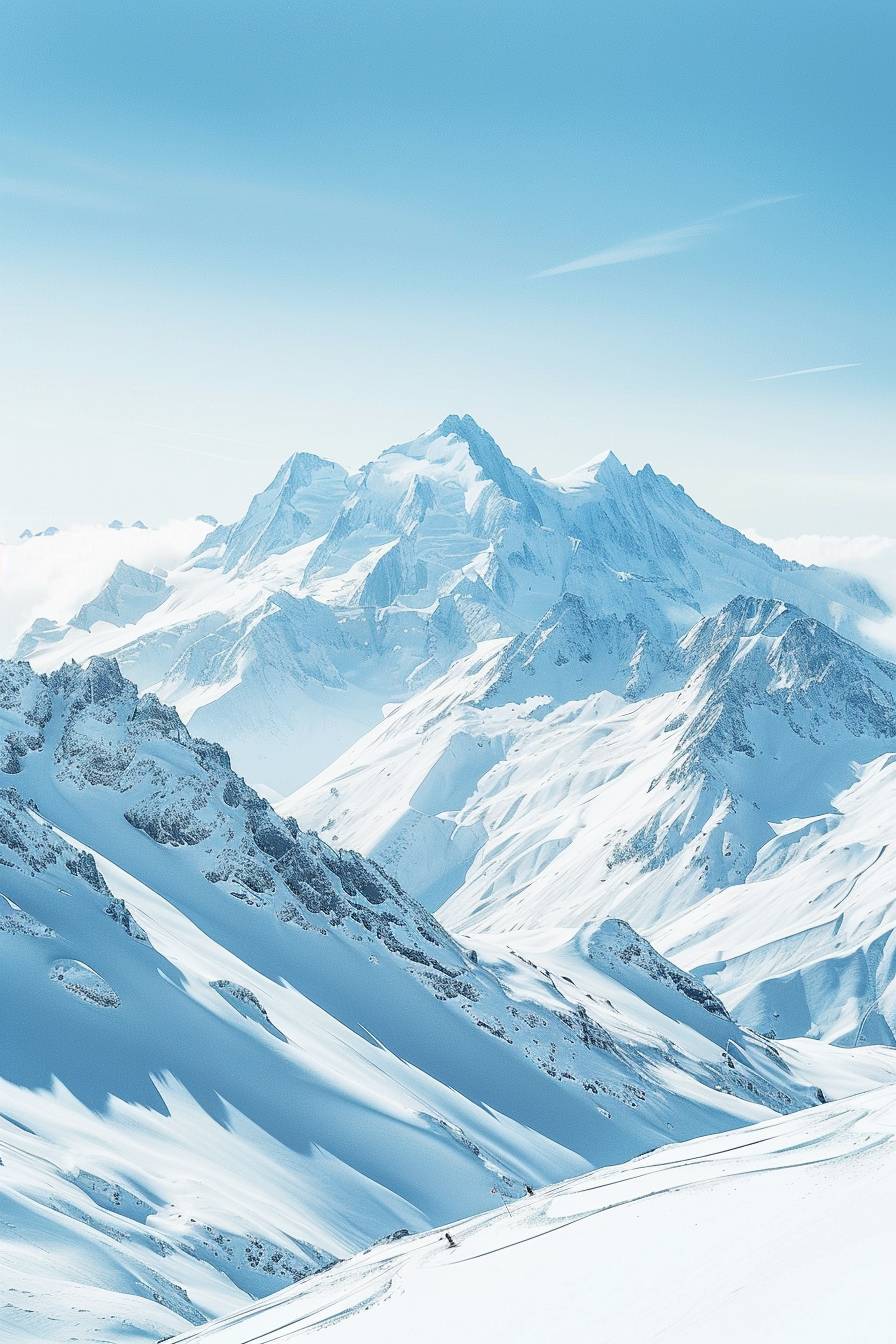 A majestic mountain range covered in a blanket of snow, with clear blue skies and a crisp air that invigorates the senses, as skiers glide down the slopes with grace.
