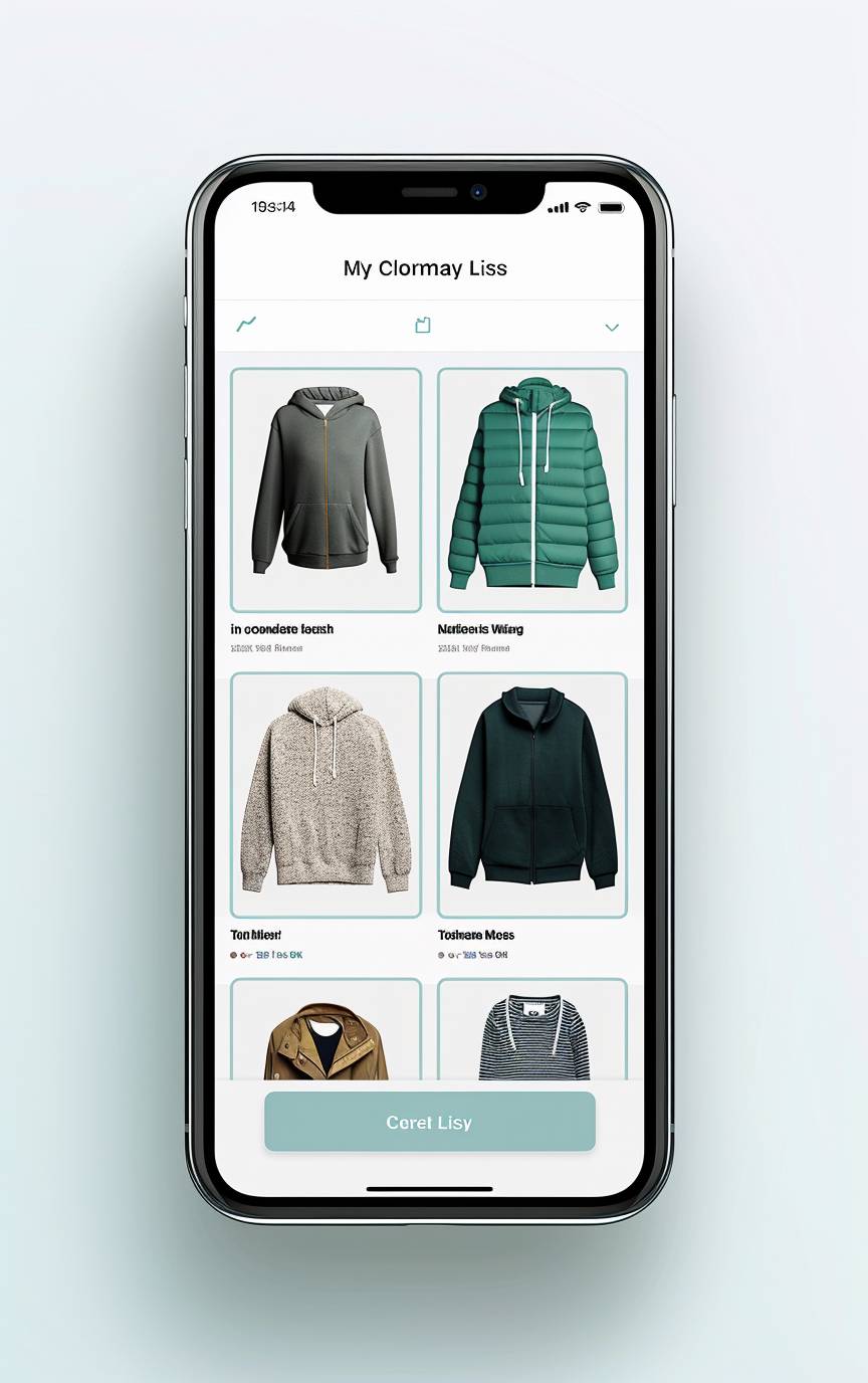 A detailed and stylish 'My Clothing List' page for the GiftAway app, designed to showcase a curated selection of apparel that the user has added. The phone is displayed upright, showcasing the interface. This page features a clean, streamlined layout with a light turquoise to white gradient background that enhances the aesthetic appeal of the app. At the top, there is a header that reads 'My Clothing List', elegantly styled with a modern font. Below the header, the page is organized into a grid layout where each cell represents an item of clothing. Each cell includes a high-quality image of the clothing item, its name, brand, and price, laid out with clear typography and subtle shadows to create depth. Users can tap on any item to get more detailed information or to edit their list. The navigation bar at the bottom includes Home, Create List, and Search buttons, ensuring easy navigation. This page is crafted using advanced digital design tools, emphasizing user interaction with responsive touch elements, dynamic loading of images, and a soothing color palette. Created using: digital design tools, user-centered UI/UX principles, responsive design techniques, interactive elements, high-definition imagery, smooth gradients, clean typography