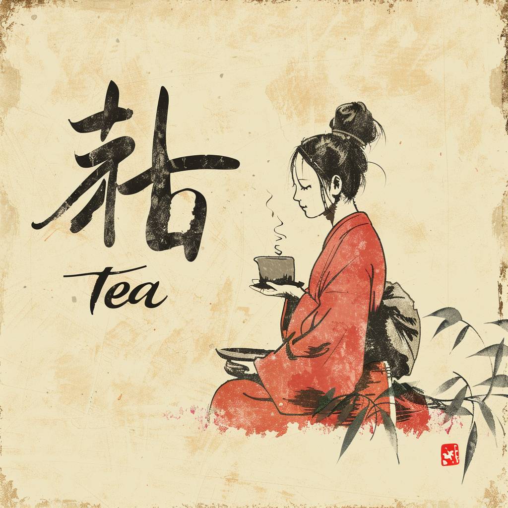 Tea brand logo by Utamaro, text “tea”