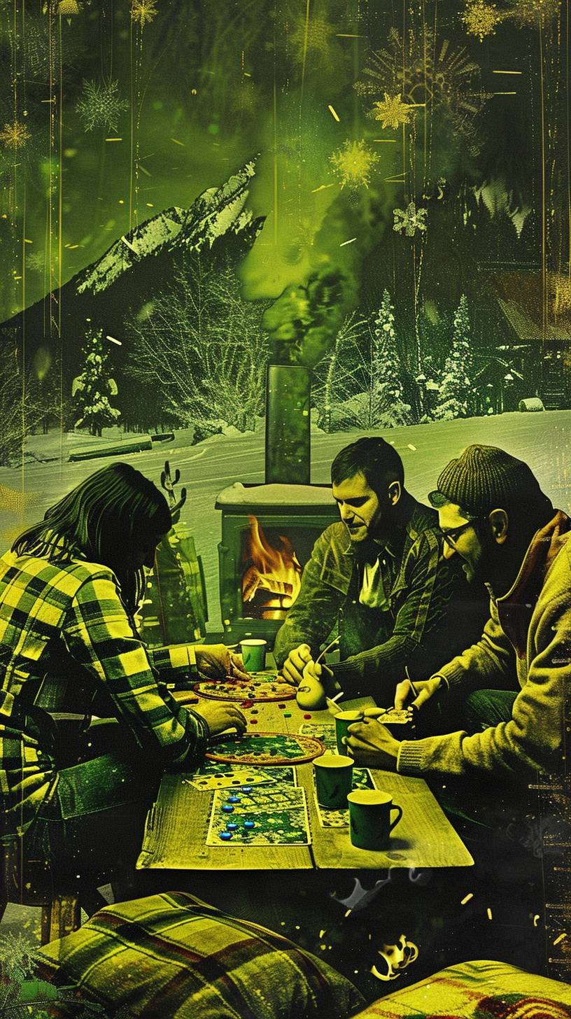 A group of friends is playing a board game on a cozy winter evening. They are gathered around a fireplace, with mugs of hot chocolate and blankets. In the style of a nostalgic photograph.