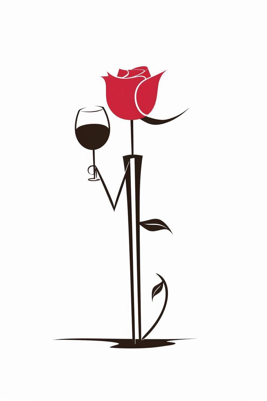 Stick figure rose, with a full open blossom, drinking wine, against a white background, in the vector illustrations style with flat design, minimalism, clean lines, at high resolution with high detail --AR 2:3 --style raw --v 6.0