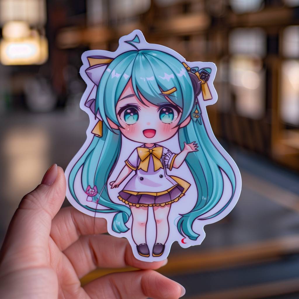 A sticker of a chibi [characters] with [colors], a hand holding it, [background environment], high detail, realistic, Canon EOS R5 --v 6.0