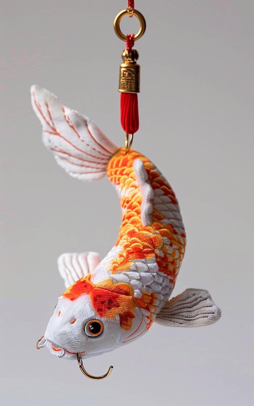 Color koi carp plush toy keychain, Carp leaping over the dragon gate, the dragon is plush, white background