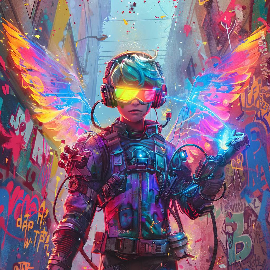 A futuristic vintage pulp art, cyberpunk-inspired character standing in a vividly colored, graffiti-covered urban environment. The character, a young individual with short, blue hair, wears a high-tech suit adorned with various wires, glowing lights, and mechanical wings. They sport a large, reflective helmet with rainbow-tinted goggles and hold a small device emitting a neon blue glow in one hand. The background is an explosion of colors, with splashes of paint and intricate graffiti art, adding to the chaotic yet captivating scene.