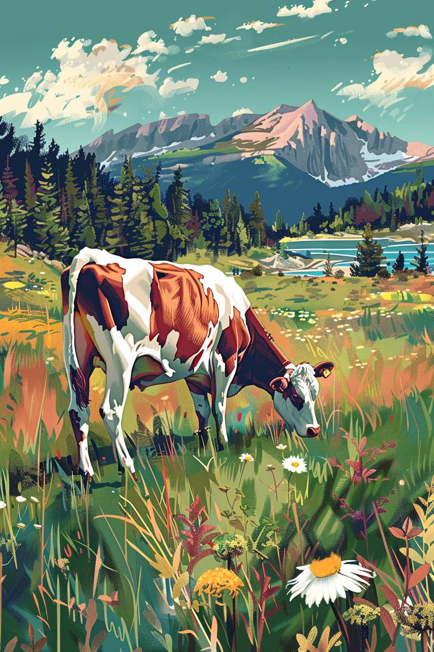 Illustration of a grazing cow, wandering in a lush meadow, Al Capp style, cartoon, vivid colors