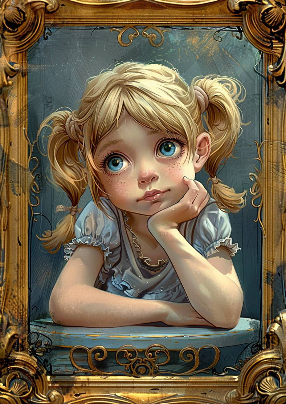 Painting of an adorable little girl with blonde hair in pigtails, resting her head on one hand and looking at the viewer with big eyes, wearing gray, a full body portrait, sitting at a table, in a golden frame, in the style of cute cartoonish Art Nouveau style.