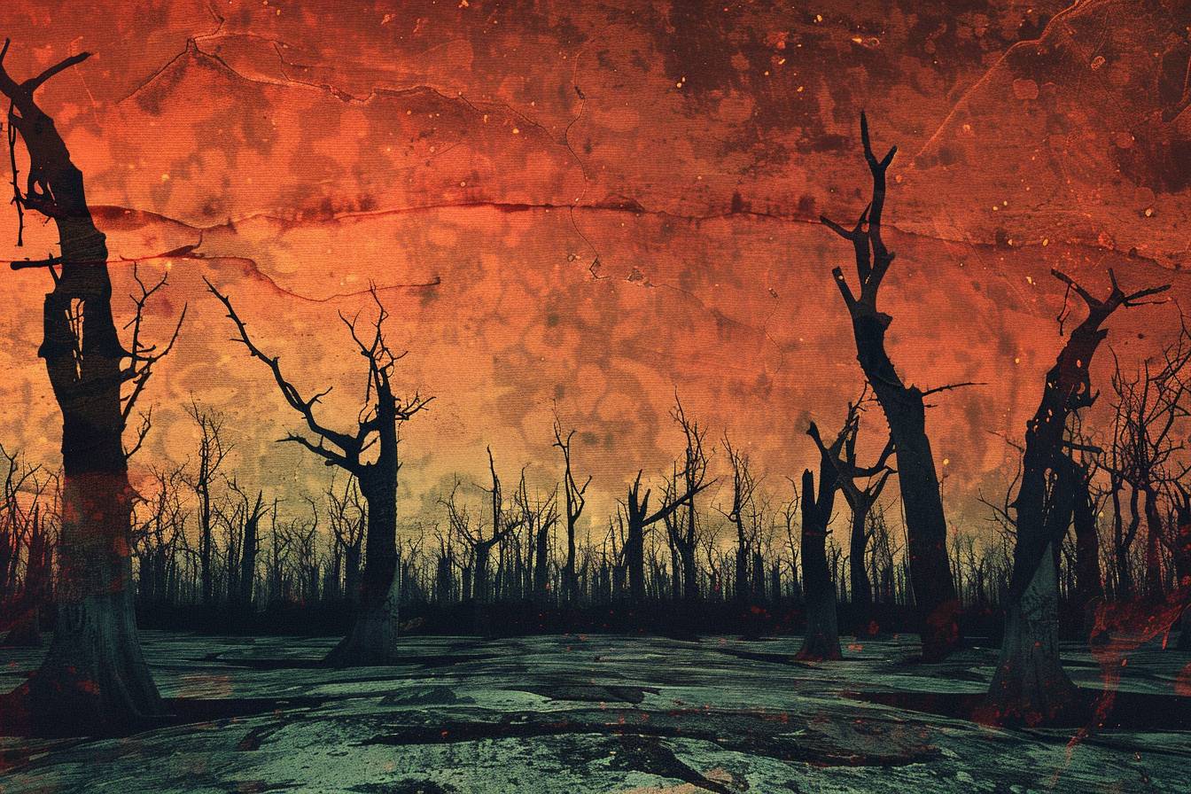 In the aftermath of a cataclysmic event, a desolate landscape emerges, with charred trees standing as grim sentinels. The scene is rendered in a striking graphic novel art style, with a deep, emotive color scheme and dramatic studio lighting that heightens the sense of despair and loss.