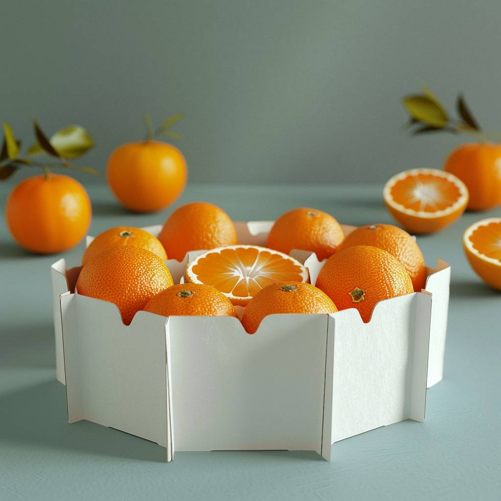 八角形の白い段ボール製オレンジ用グリッドボックス。八角形のスロット、段ボールの壁。テーブルの上のモックアップ