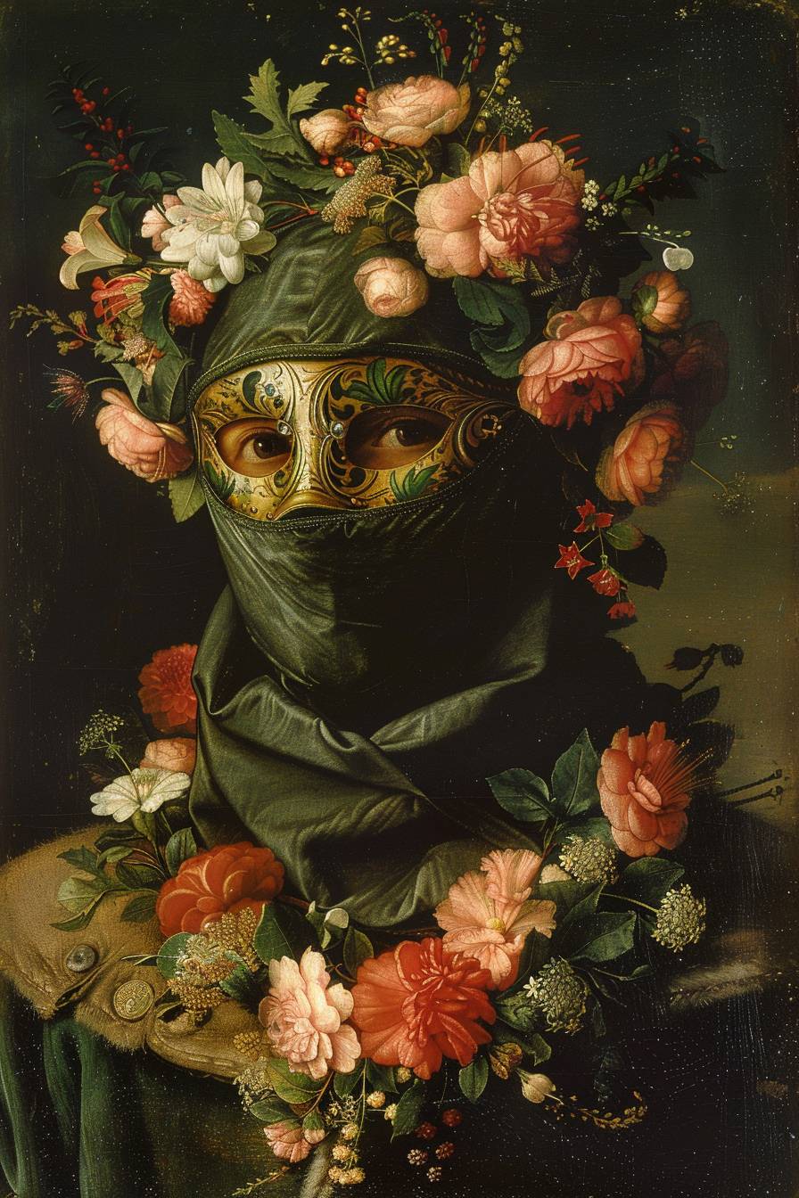Portrait in balaclava mask and floral wreath by Ambrosius Benson