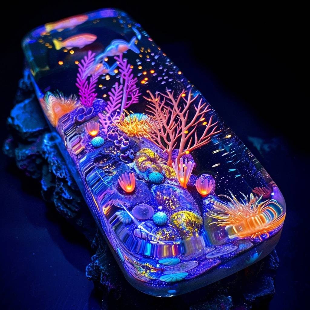 An underwater sea glass submarine, vivid and vibrant, bioluminescently exploring the underwater world