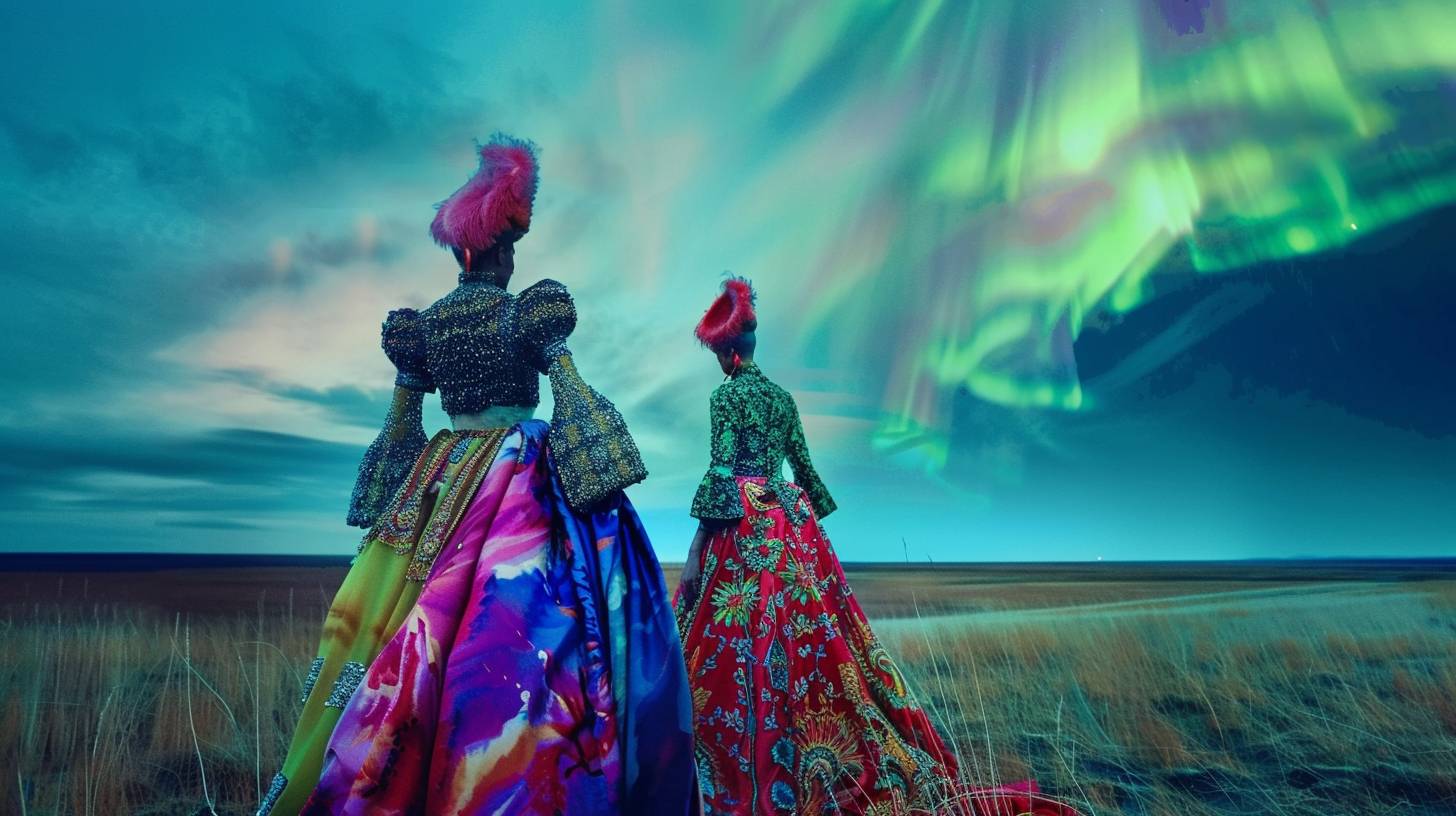 Haute-couture advertising campaign photographed by Erik Madigan Heck. Two models wearing Comme des Garcons Avant-Garde costume. Mongol steppe in background. Northern lights in the sky.