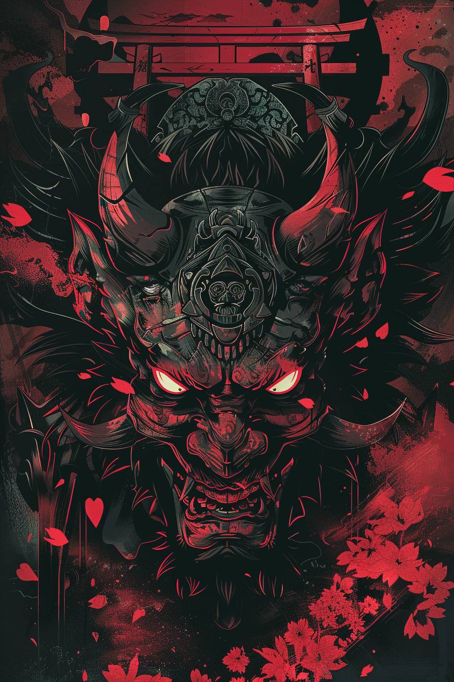 Oni portrait, fierce expression with glowing eyes and sharp fangs, intricate horned headpiece, dark and ominous background with hints of Japanese motifs like torii gates and cherry blossoms, main colors are deep red and black, menacing and powerful atmosphere, detailed features, high contrast, illustration style.
