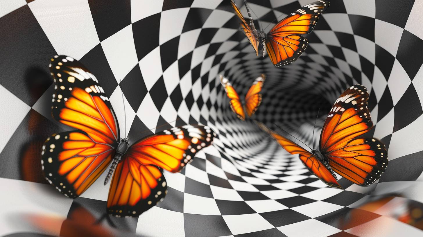 Butterflies flying in the air, a patterned optical illusion background mural in the style of black and white checkered design with bright orange butterflies