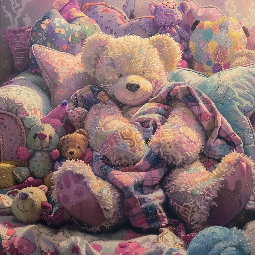 The [SUBJECT] in 'Fuzzy Feelings', wrapped in a soft, [COLOR1] pastel-colored blanket, surrounded by clusters of plush, [COLOR2] overstuffed toys and cushions in an inviting, cozy corner --v 6.0