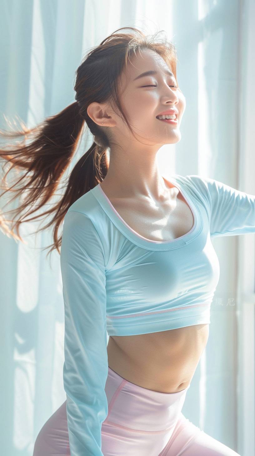 Chinese beauty, smiling and dancing in light blue longsleeved top with white stripes on the sleeves, wearing pink yoga pants, natural sunlight shining through window into room, light white background, professional photography, advertising shooting, Nikon camera shot
