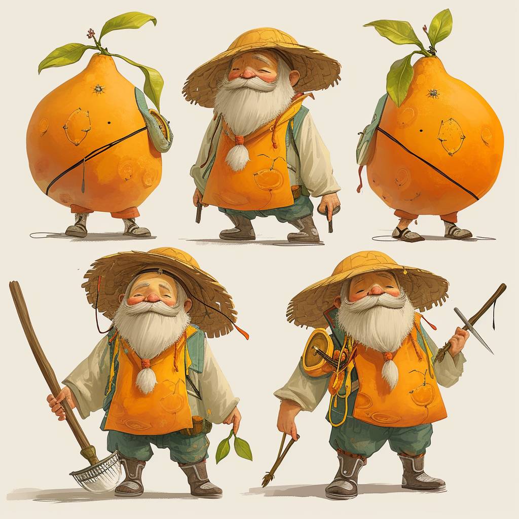 Grandpa Yuxiang's IP, a hat made of pomelo skin, a cartoon with a round pomelo body, long eyebrows and beard, carrying a hoe ready to go out into the field. Draw left, front, and back views respectively, --quality 0.5 --v 6.0