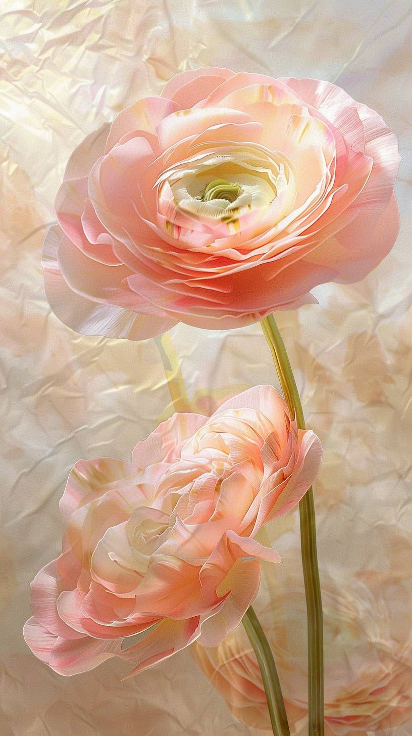 Ranunculus, bright and shiny background, transparency, gold, white, light pink, sparkling cherry petals dancing, artwork by Jeffrey Catherine Jones --ar 9:16 --style raw --v 6.0