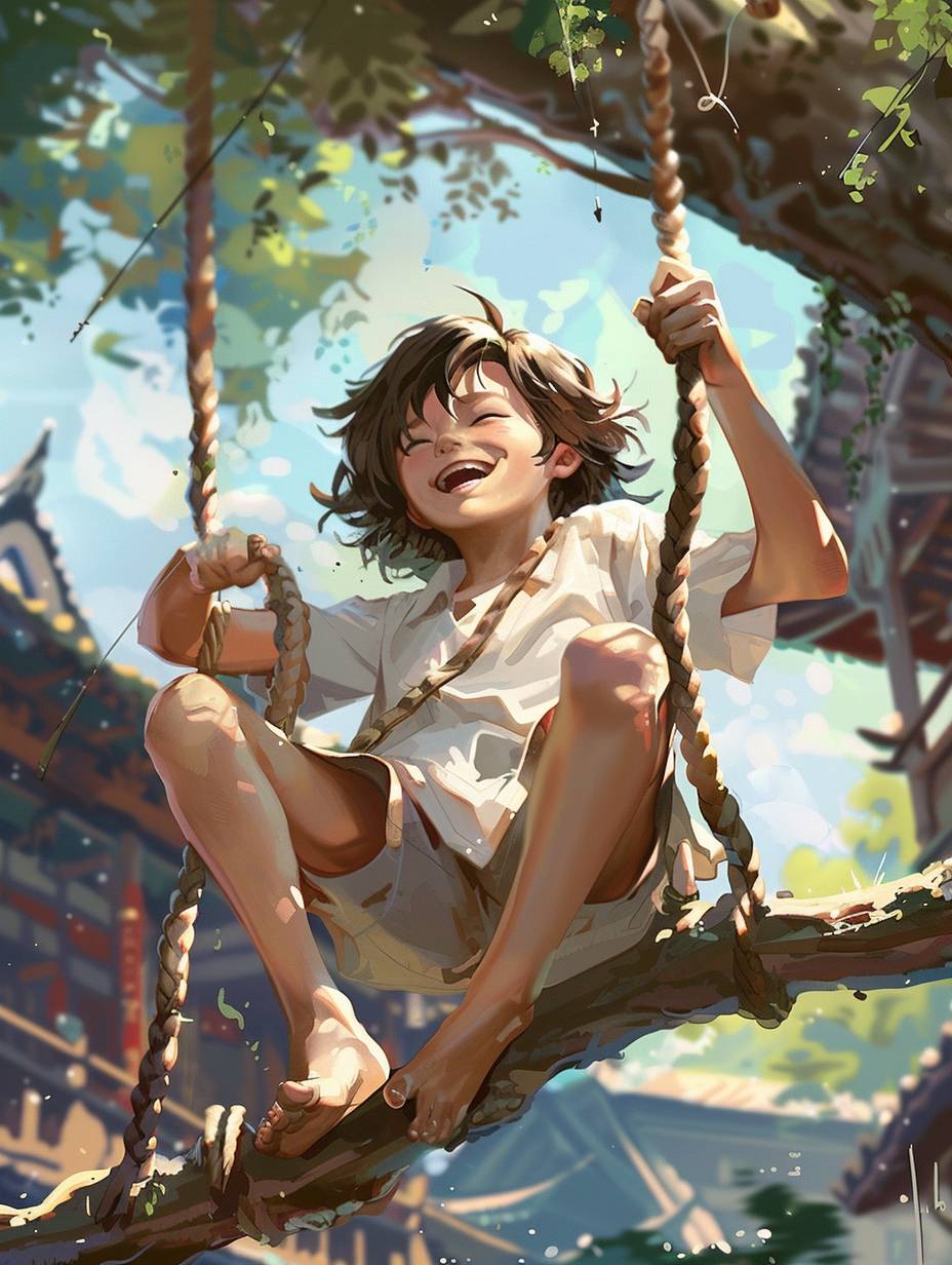 少年は木の枝で揺れながら、幸せそうに微笑んで白い半袖を着ている。背景には宮崎駿のアニメーションのスタイルを取り入れた中国の田舎の家が描かれています。アニメのような感じで、高解像度で明るい色彩のデジタルペイント技術を使用しています。