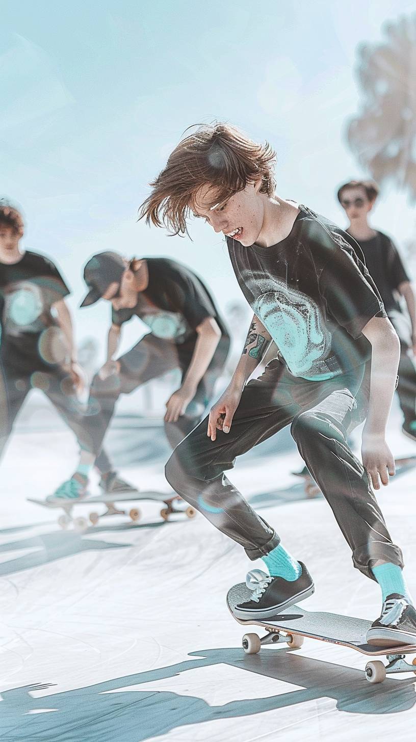 A group of young people skateboarding in a concrete skate park. They perform tricks and exhibit their skills. In the style of a high-energy action shot.