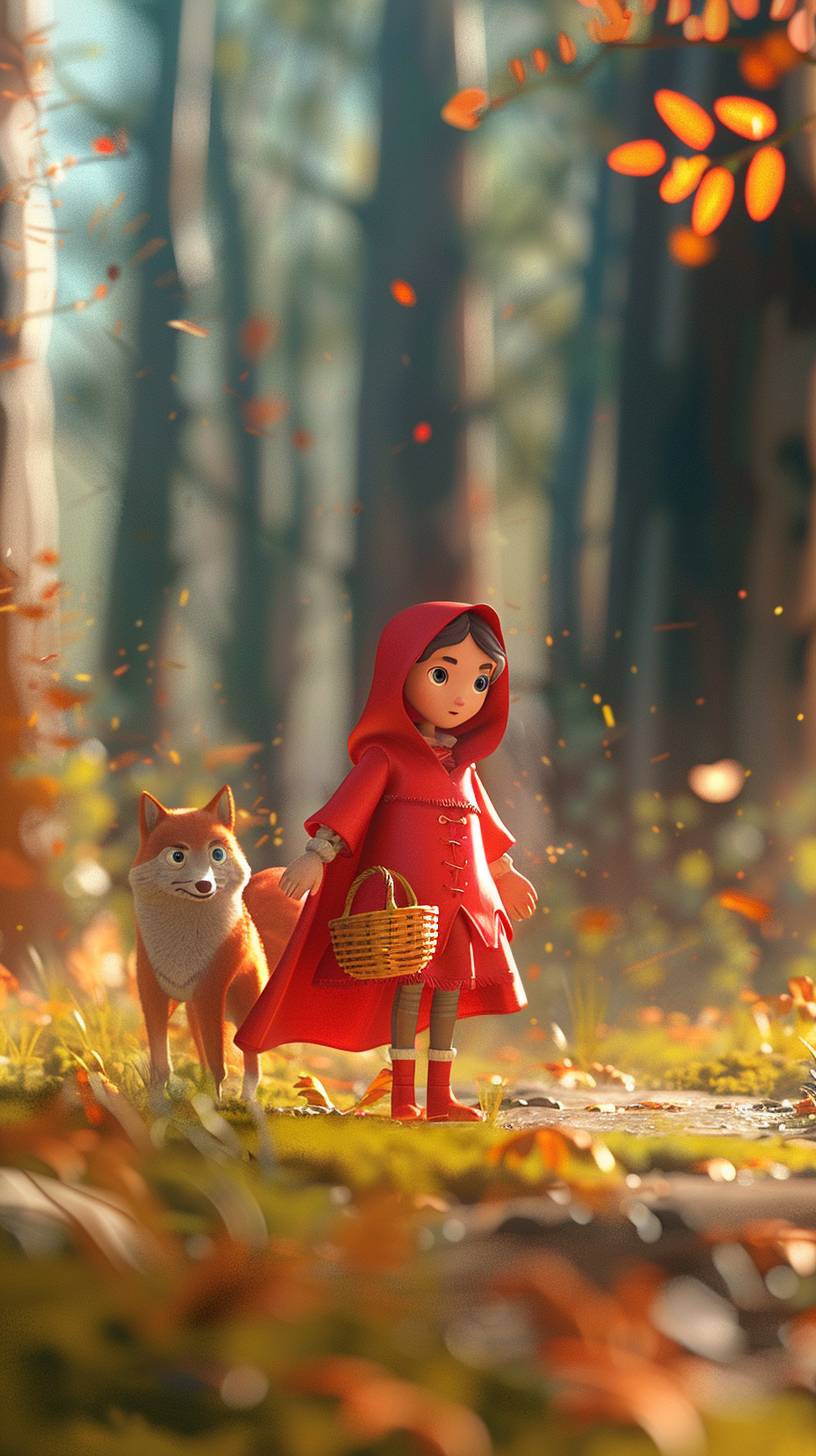 3D render of Little Red Riding Hood in an enchanted forest, Disney character style. The scene is cheerful and whimsical, with vibrant colors and playful elements. Little Red Riding Hood wears her iconic red cloak and carries a basket, while the Wolf is depicted in a friendly, mischievous manner. The forest is magical and lively, full of bright, inviting details, empty space for advertising text, 4k.